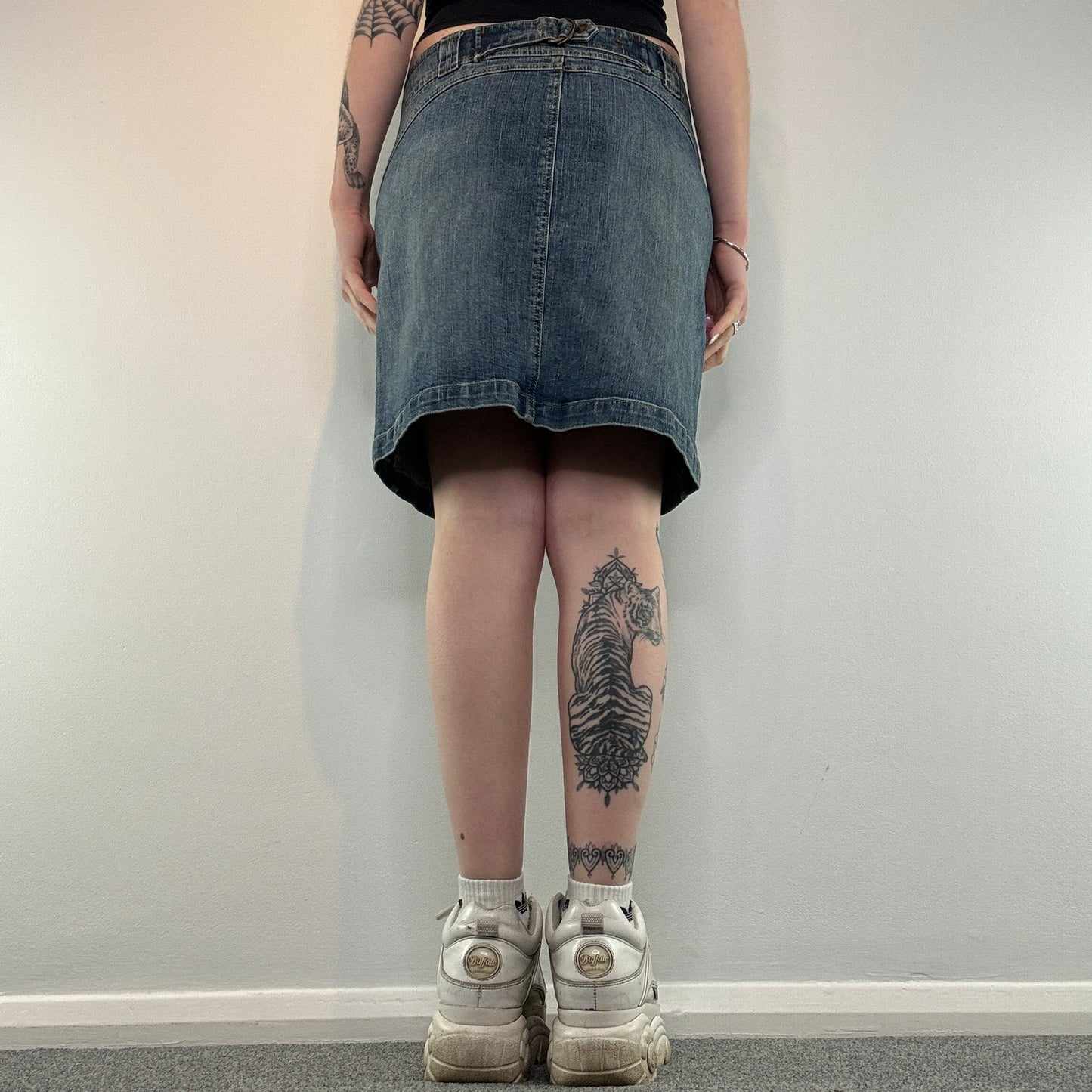 Y2K buckle denim midi skirt