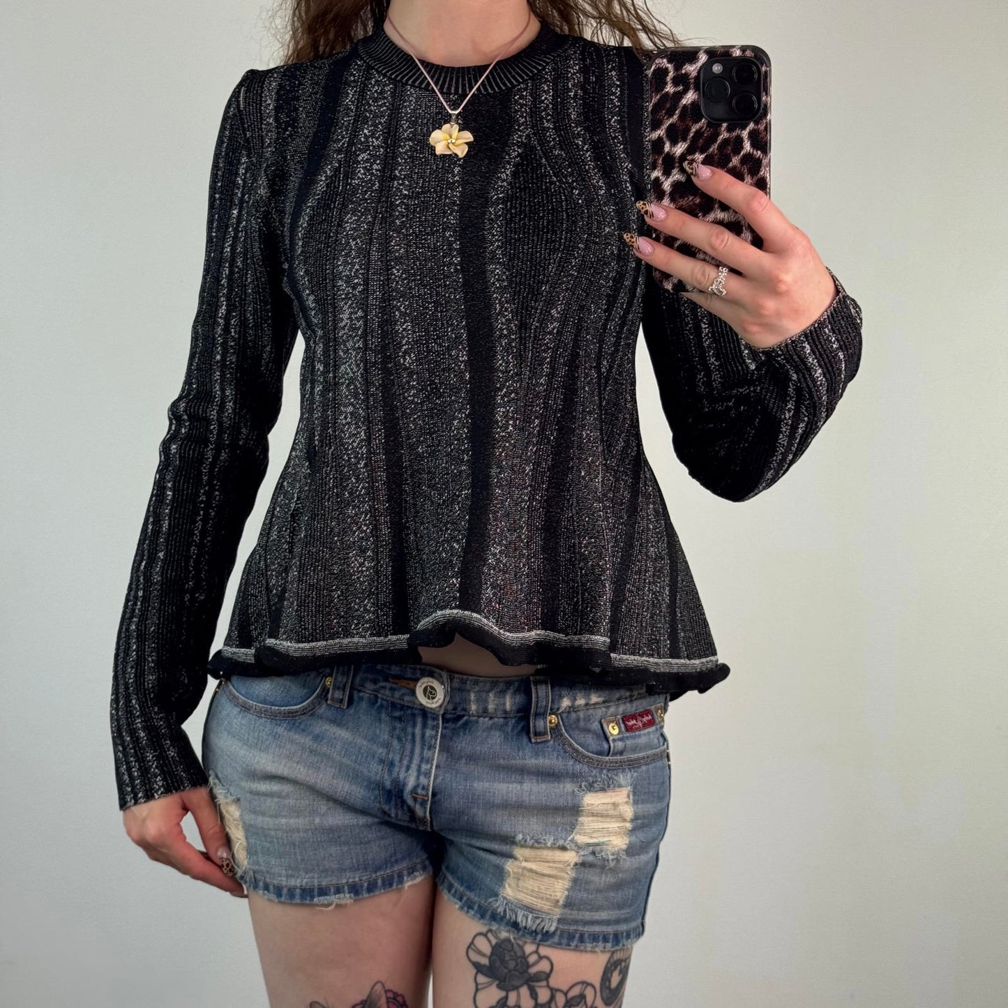 Proenza Schouler Ottoman Metallic Peplum Heavy Knit Top Ruffle Detail