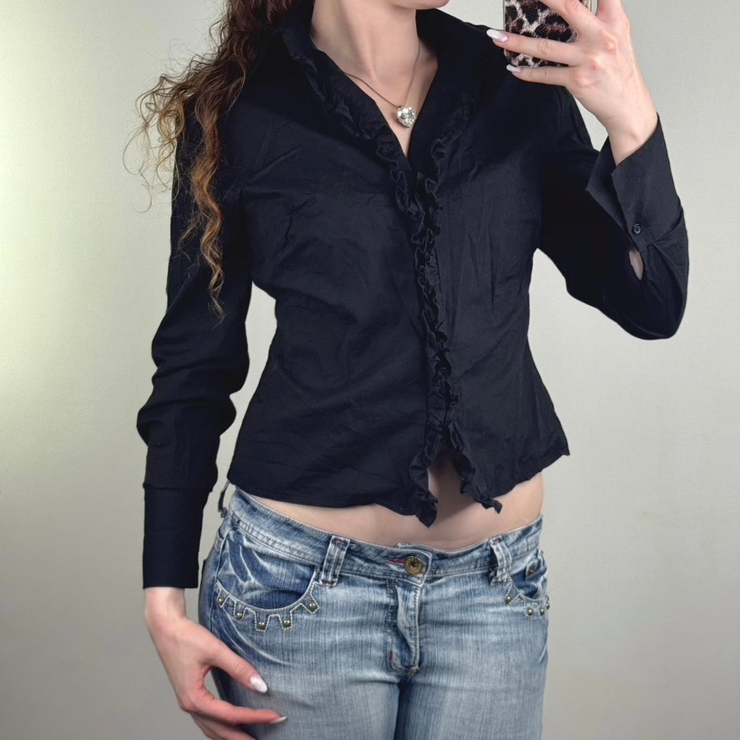 Y2K vintage Oasis button up long sleeve blouse shirt ruffle v neck stretchy