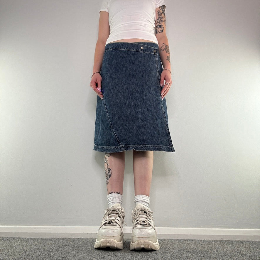 Y2K wrap around denim midi skirt