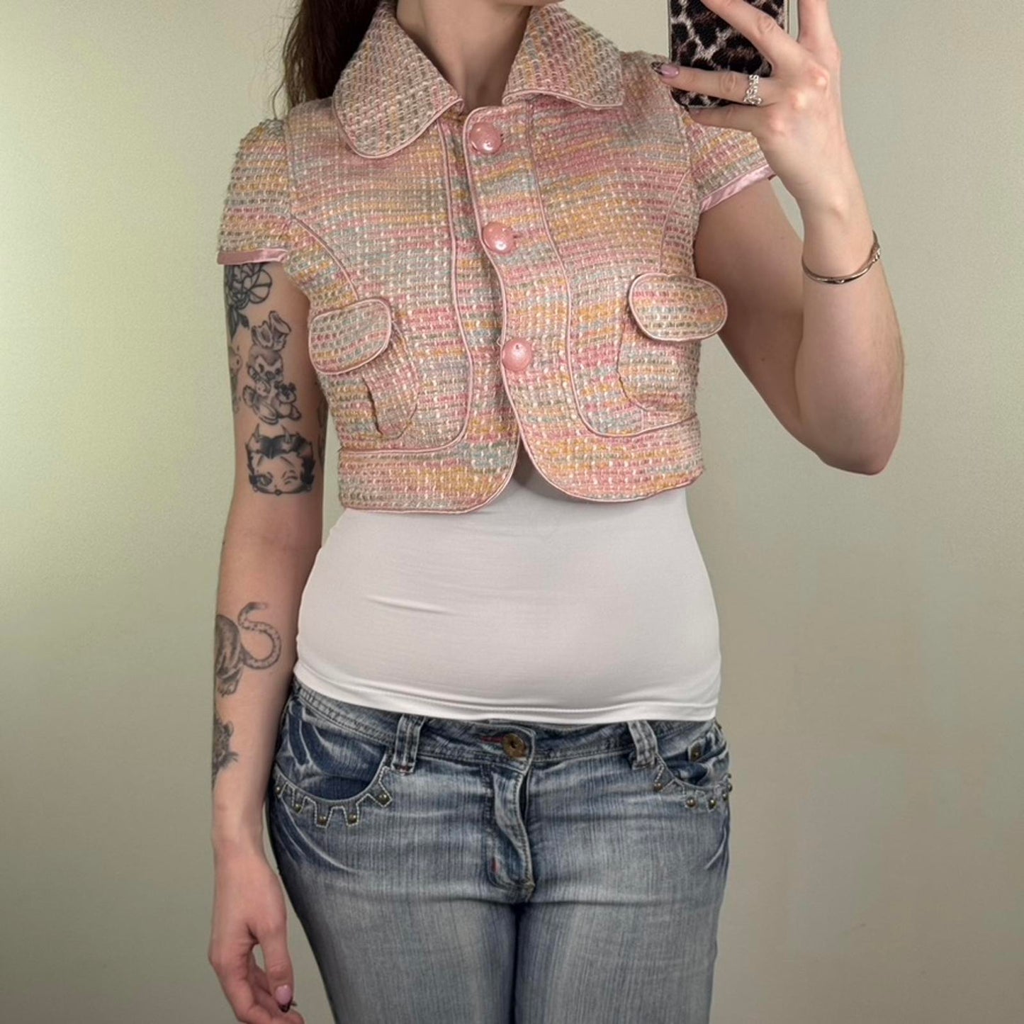 Y2K vintage tweed cropped jacket pastel button up baby pink tailored fitted