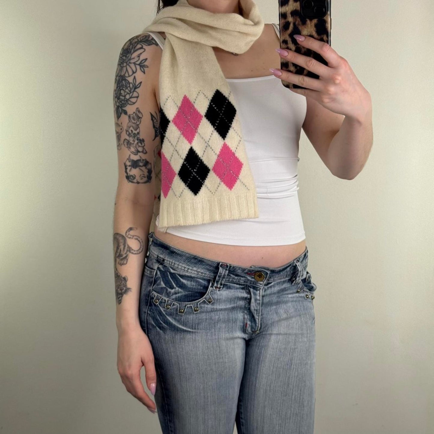 Y2K vintage scarf wool angora blend sparkly argyle print cream black pink
