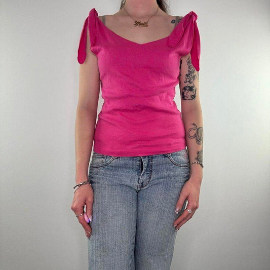 Y2K vintage shoulder tie knot bow tank top v neck hot pink