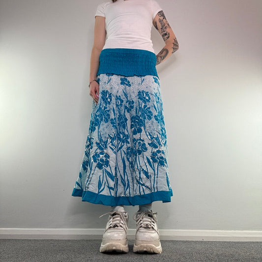 Y2K stretchy waistband sequin floral maxi skirt