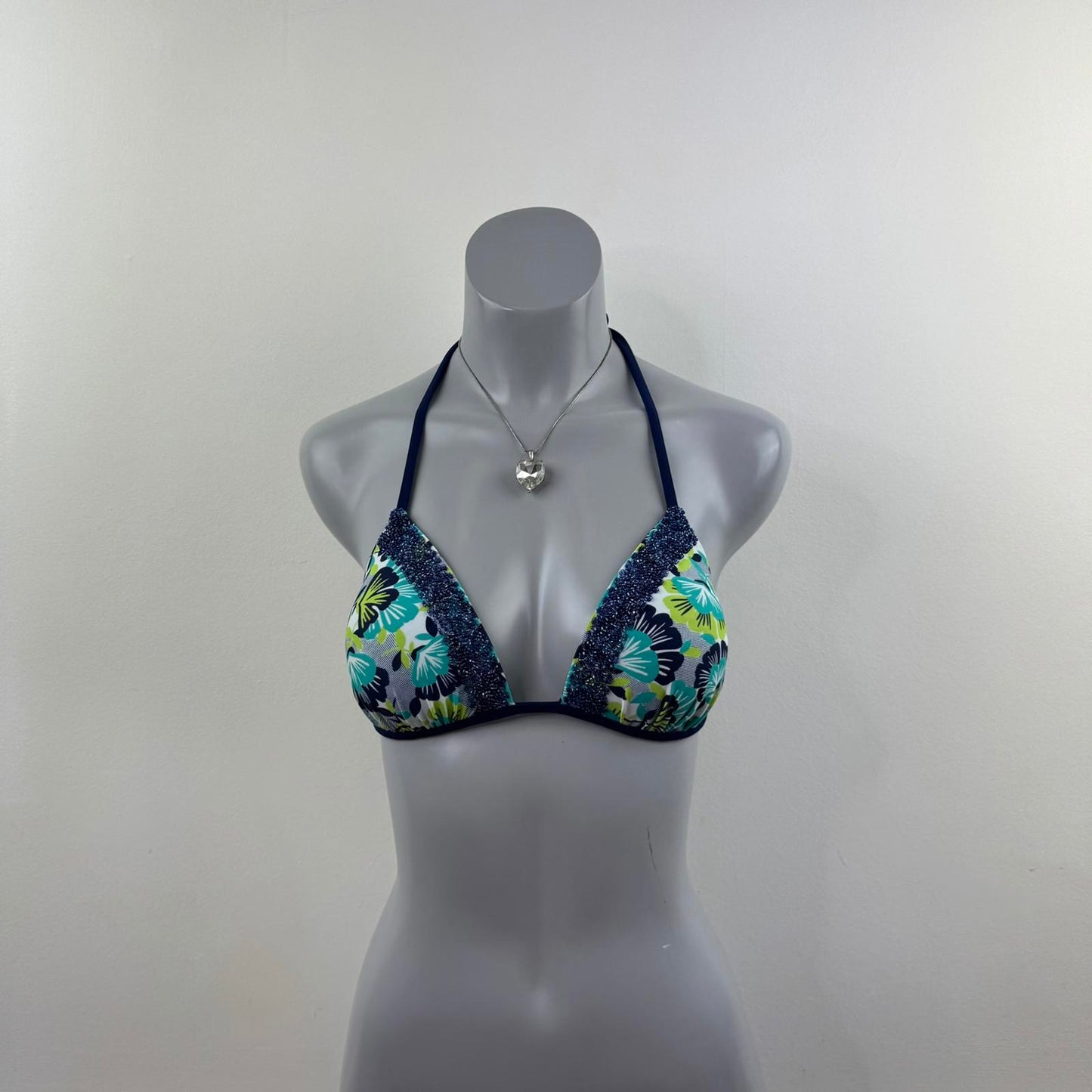 Y2K vintage light push up halter neck bikini top floral print beaded