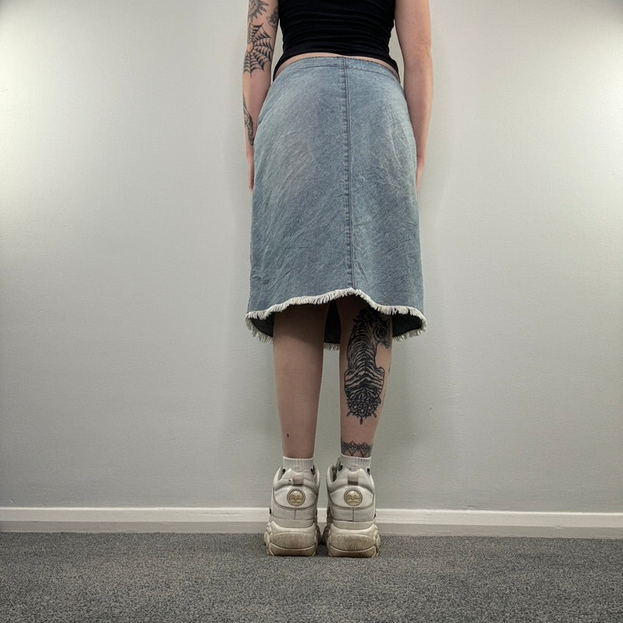 Y2K denim fraying midi skirt