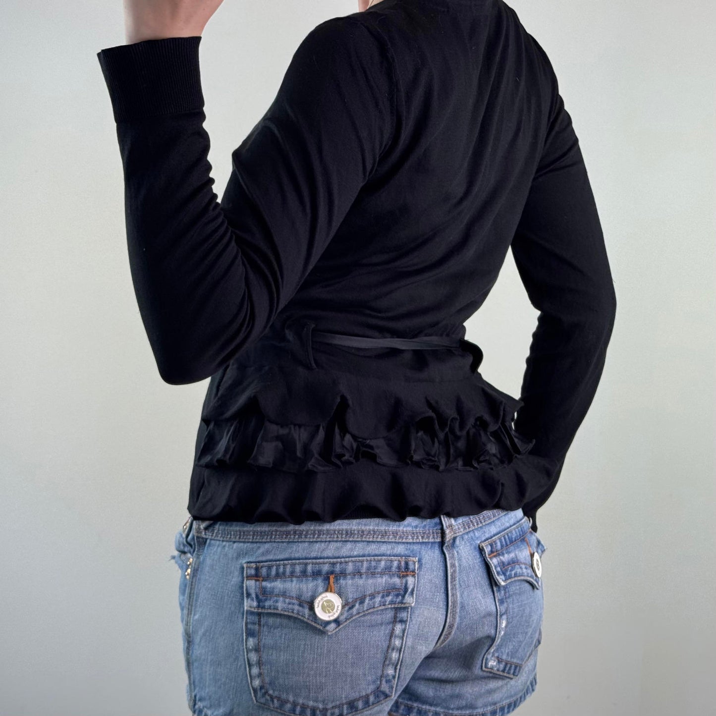 Y2K vintage part silk button up fine knit cardigan ruffle bow v neck archive