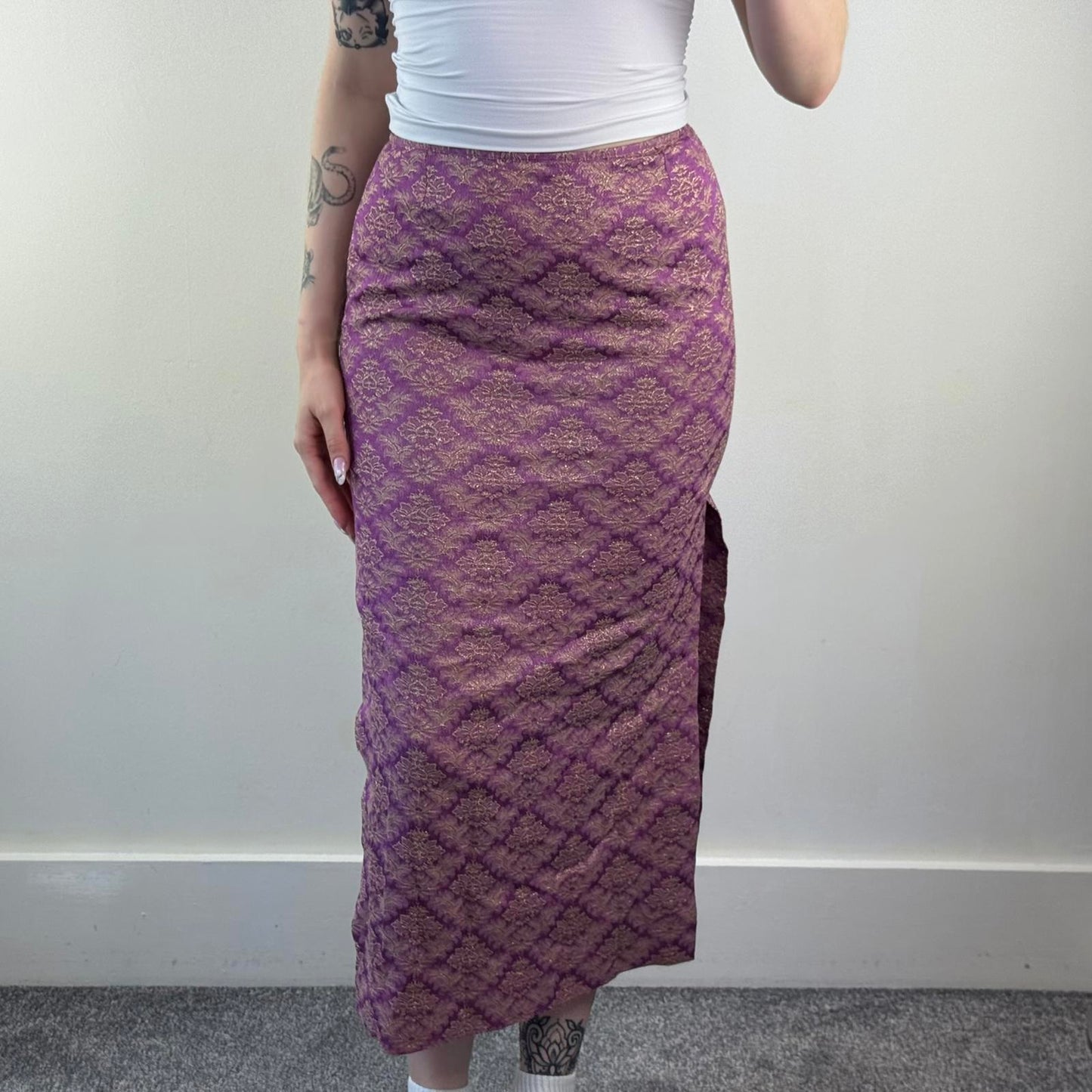 Y2K vintage Karen Millen maxi skirt brocade pattern floral gold purple