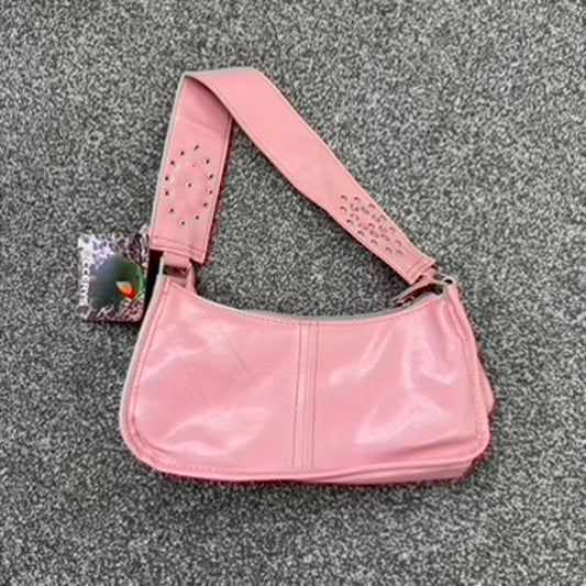 Y2K vintage faux leather mini shoulder bag baby pink studded rhinestone