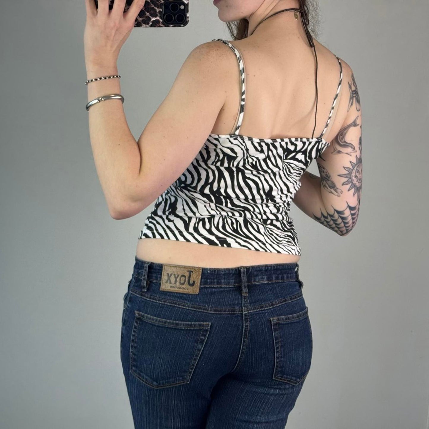 Y2K vintage halter neck zebra print cami top beaded o ring square neck tropical