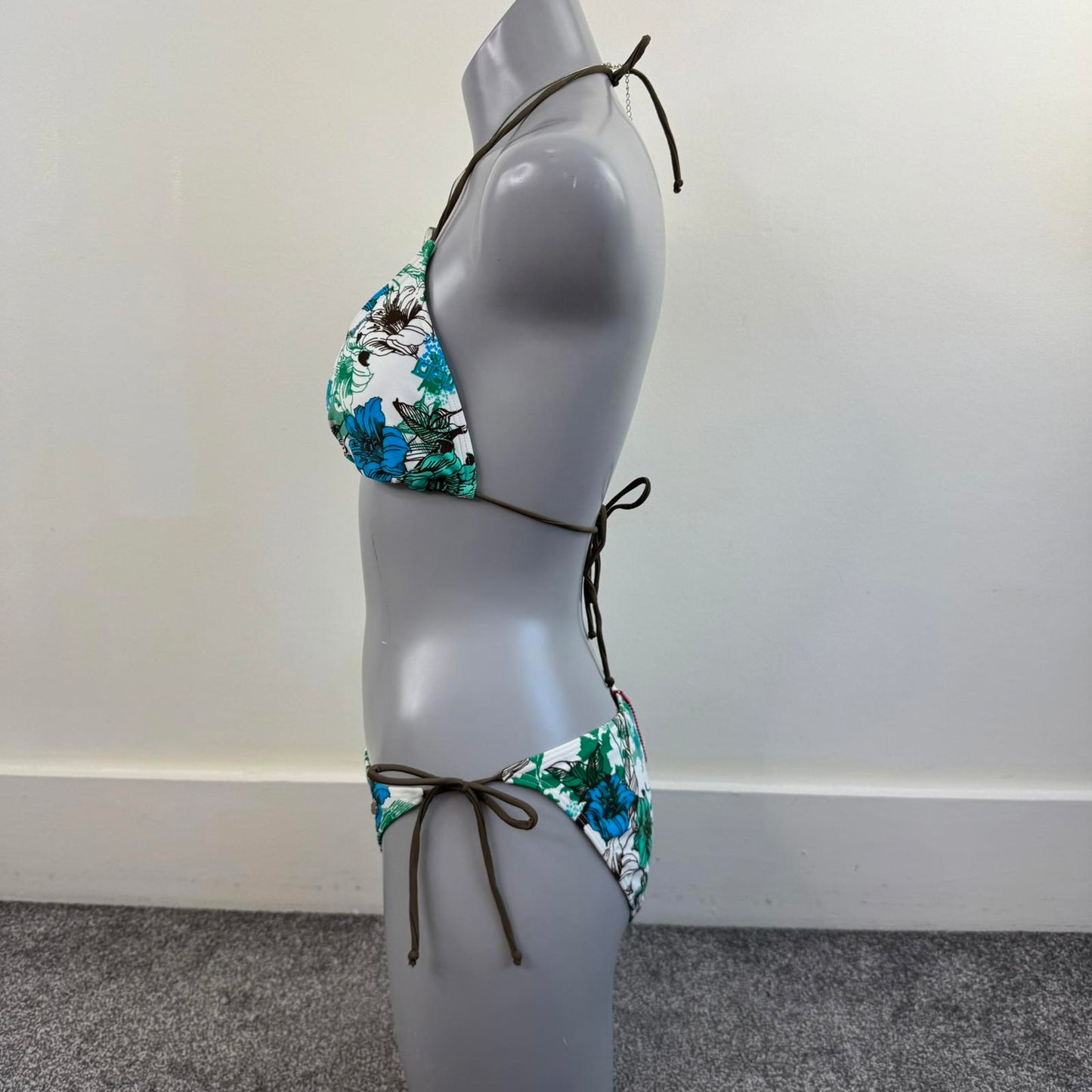 Y2K vintage floral matching bikini set halter neck top adjustable bow white blue