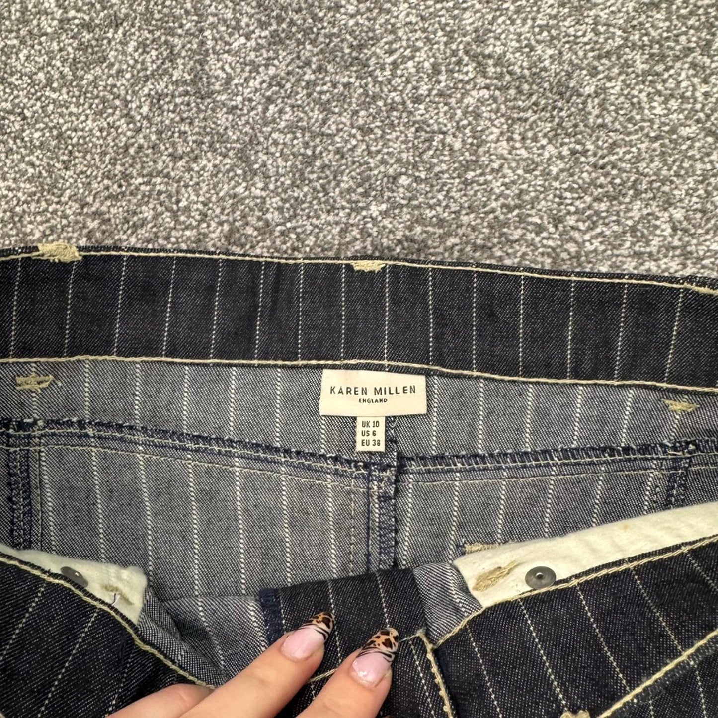 Y2K vintage Karen Millen denim pinstripe silk midi skirt asymmetrical ruffle