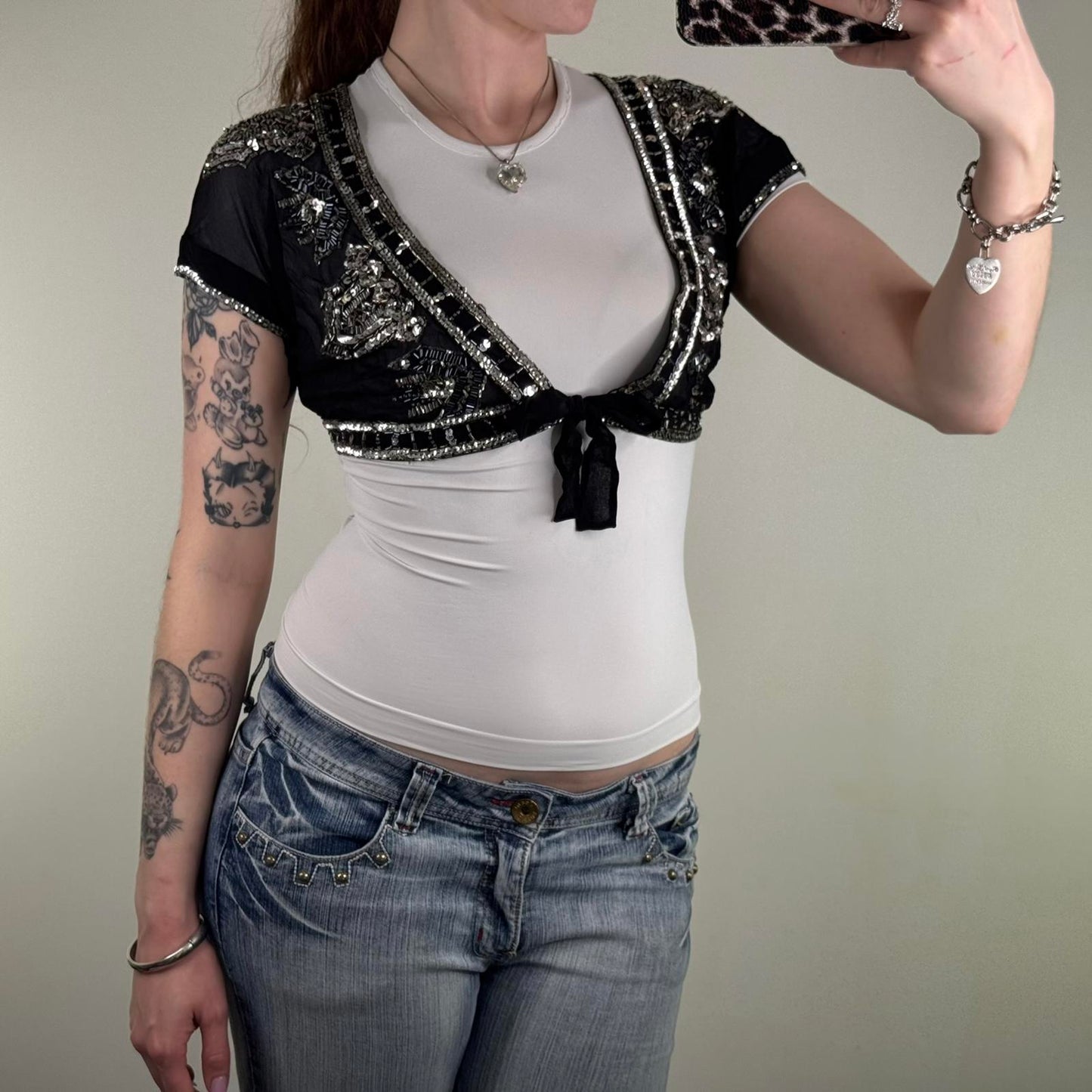 Y2K vintage 100% pure silk cropped bolero cardigan shawl sequin bow sheer v neck