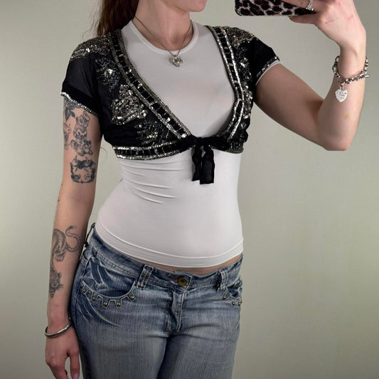 Y2K vintage 100% pure silk cropped bolero cardigan shawl sequin bow sheer v neck