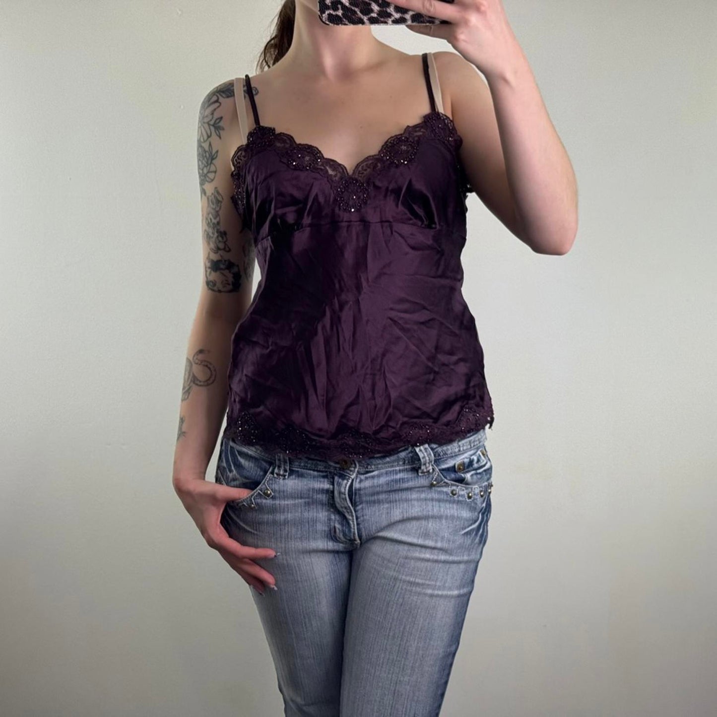 Y2K vintage 100% pure silk cami top beaded embellished lace trim strappy