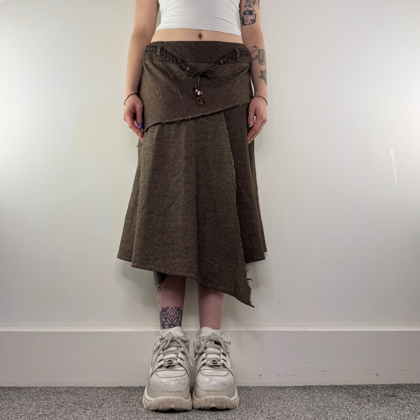 Y2K vintage asymmetrical tartan houndstooth midi skirt