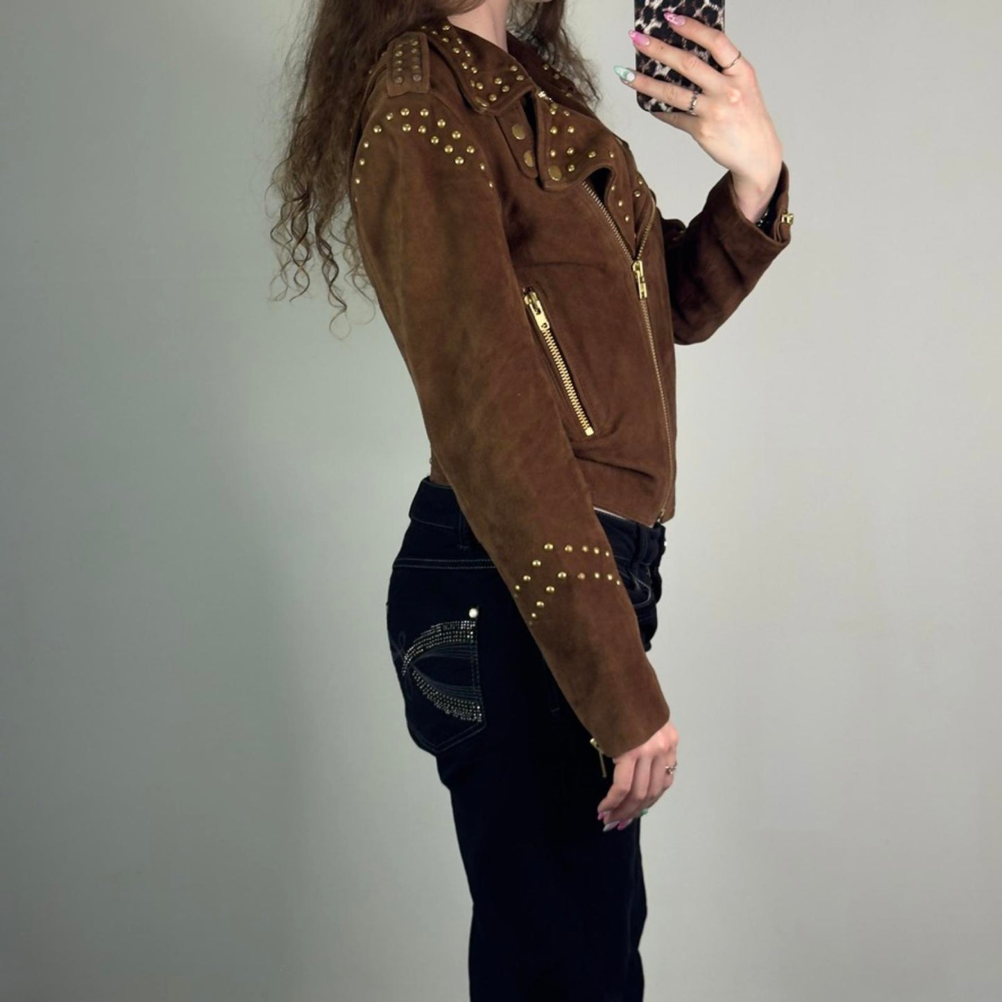 Vintage suede studded asymmetrical zipper jacket biker boho 2010s archive short