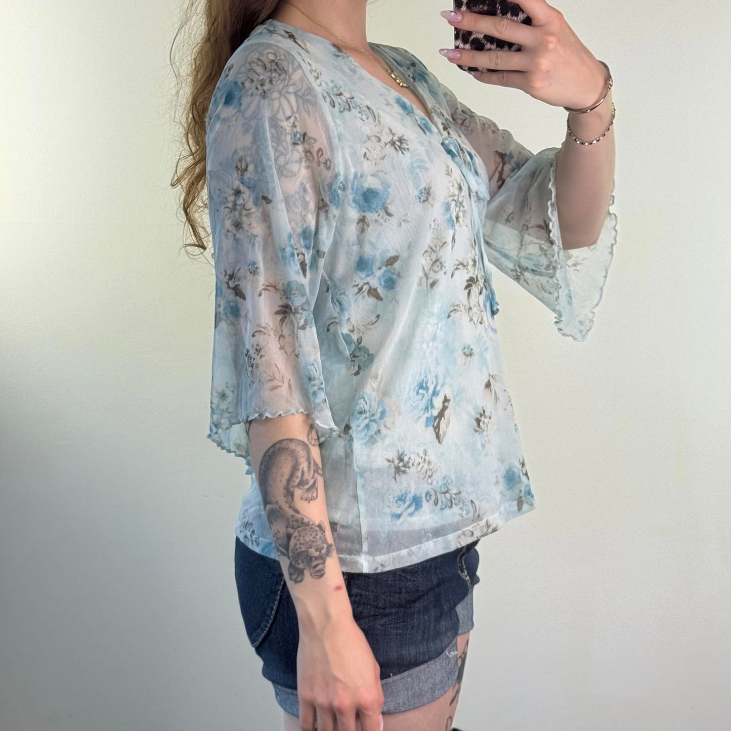 Y2K vintage mesh overlay floral 3/4 top flare sleeve bow v neck double layer