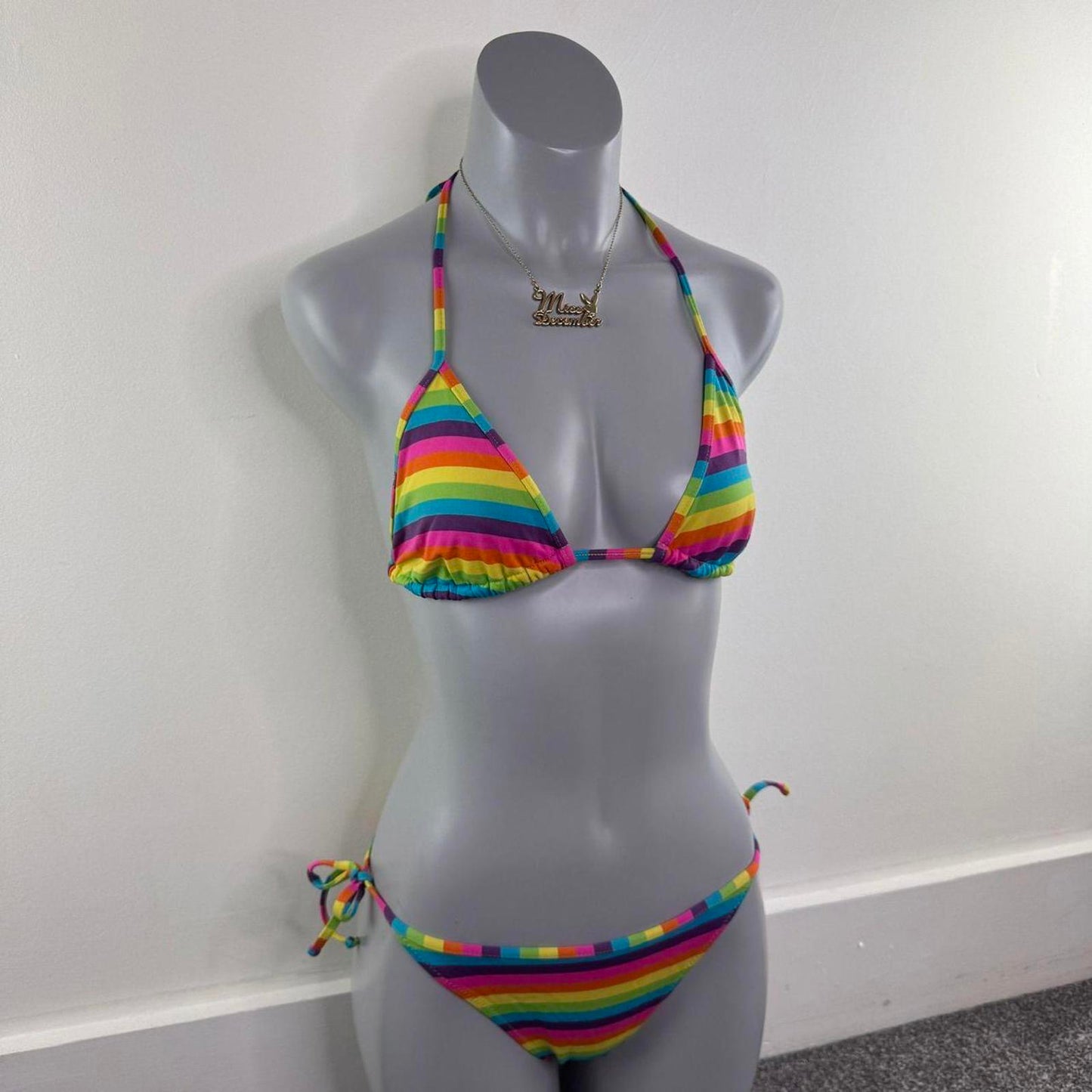 Rainbow stripe halter neck matching bikini set rainbow multi tie bow