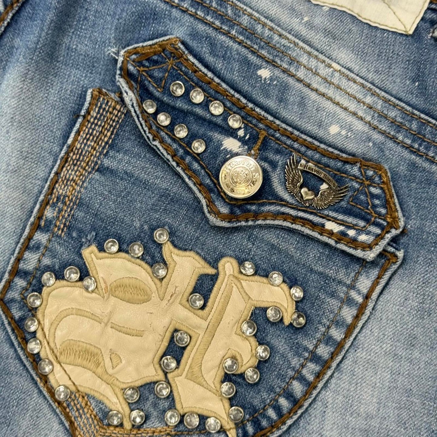 Y2K vintage low rise slim straight leg bootcut jeans faded denim rhinestones