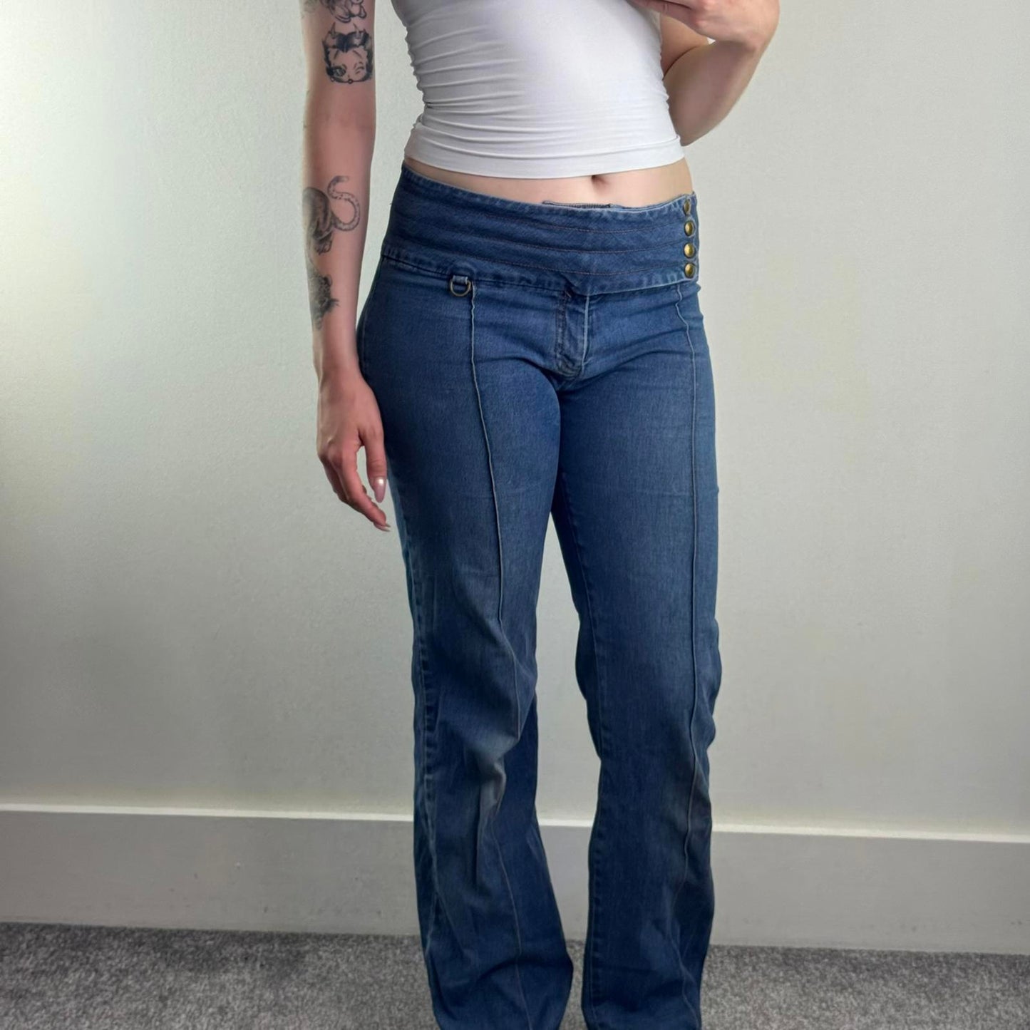 Y2K vintage mid rise stretchy denim bootcut jeans popper button contrast stitch
