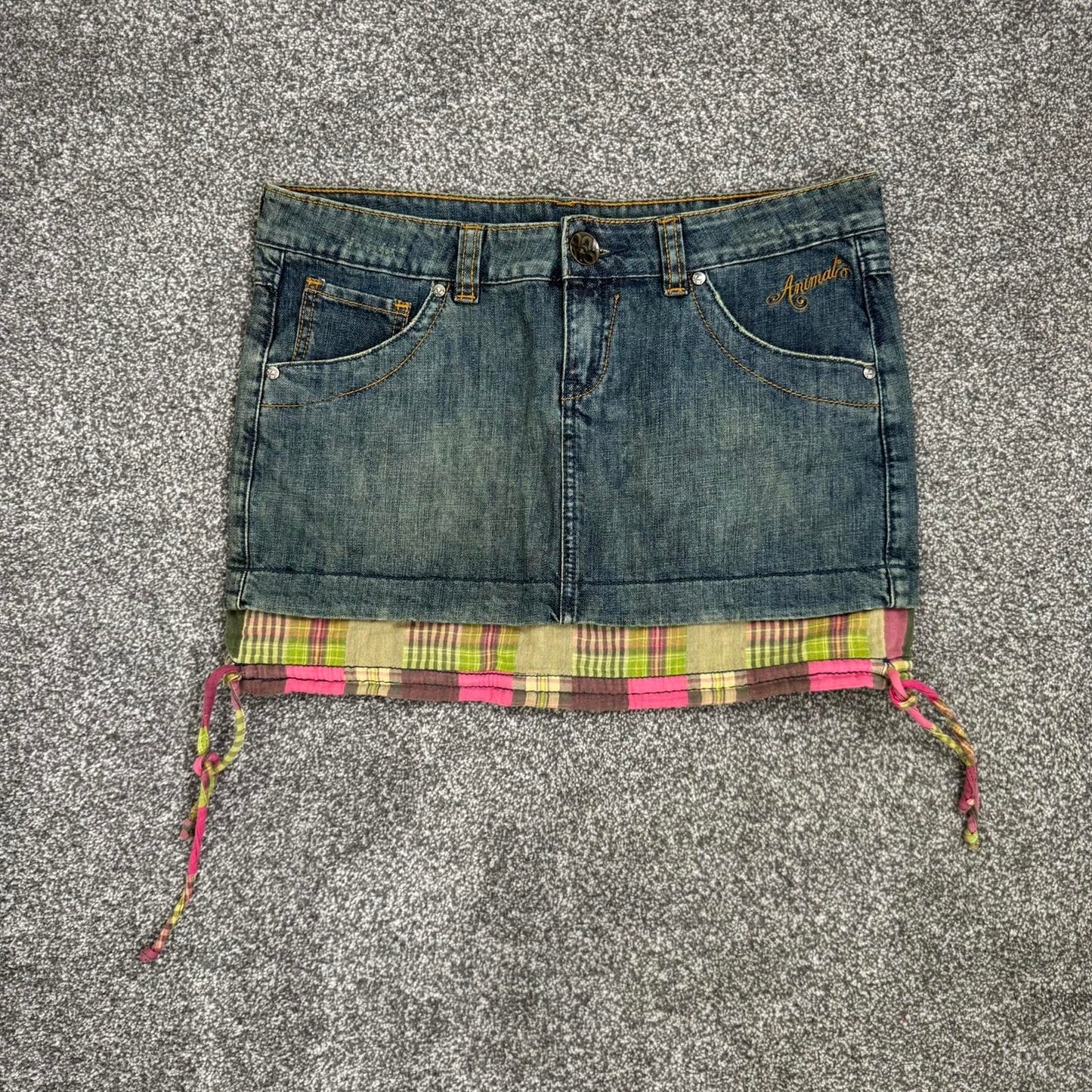 Y2K vintage Animal denim mini skirt mid rise tartan plaid check hem distressed