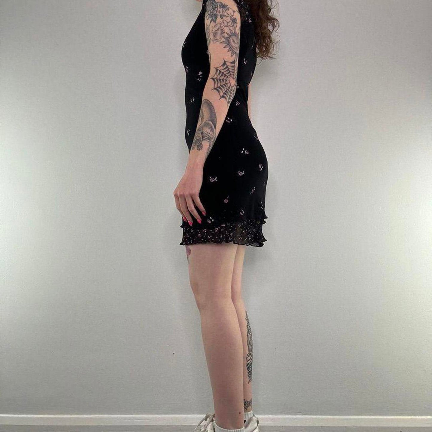 Y2K vintage black ditsy floral cap sleeve mini dress mesh