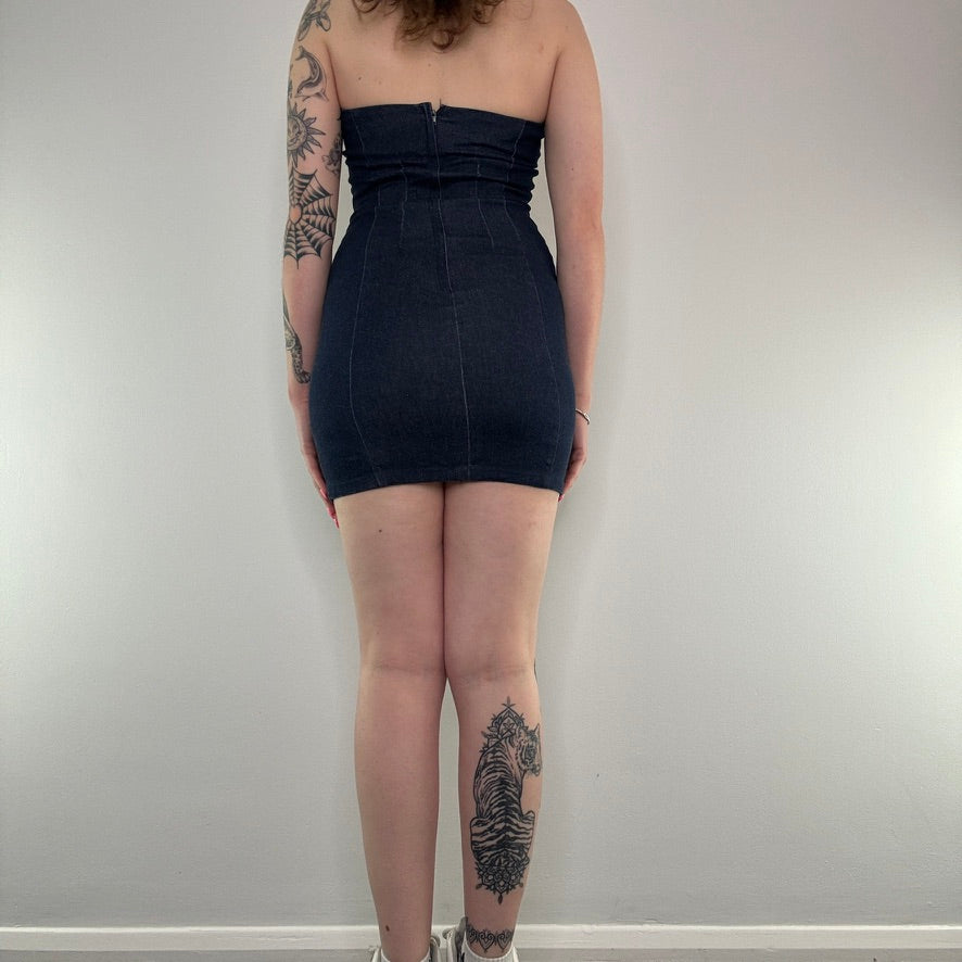 Y2K sparkly denim strapless mini dress