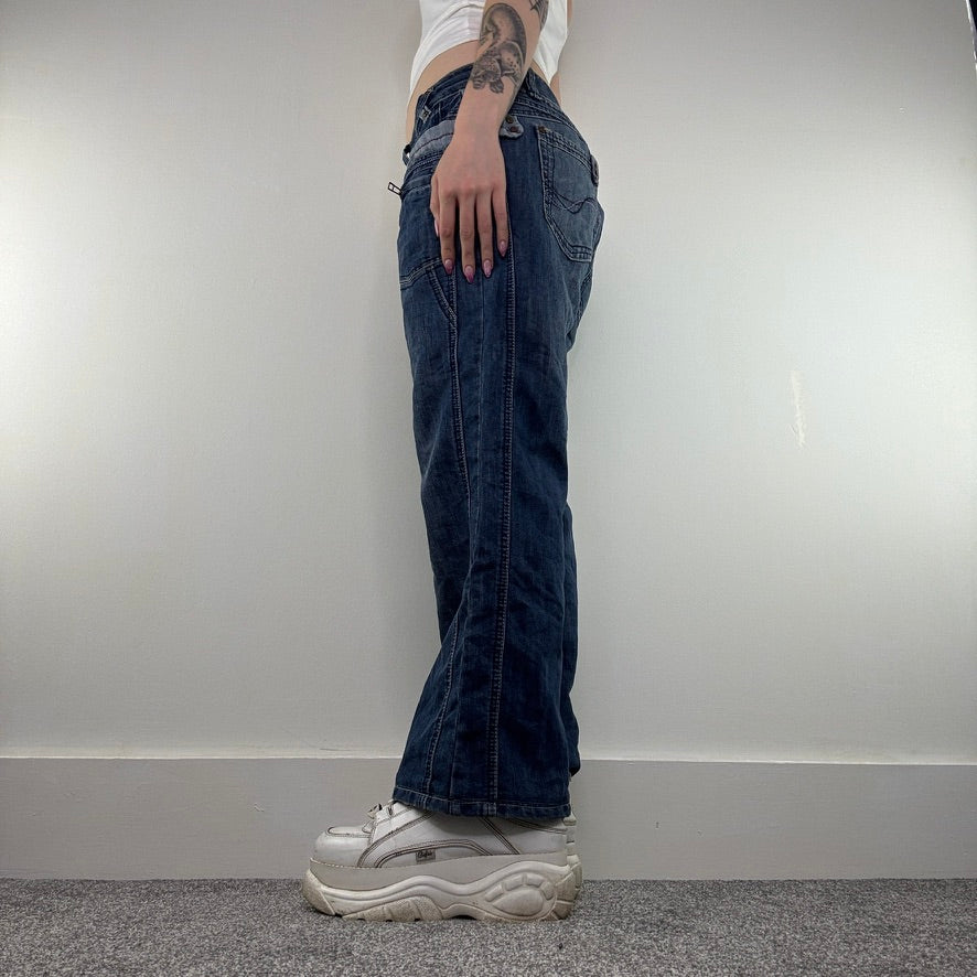 Y2K vintage slouchy baggy jeans faded denim mid rise two tone utility cargo