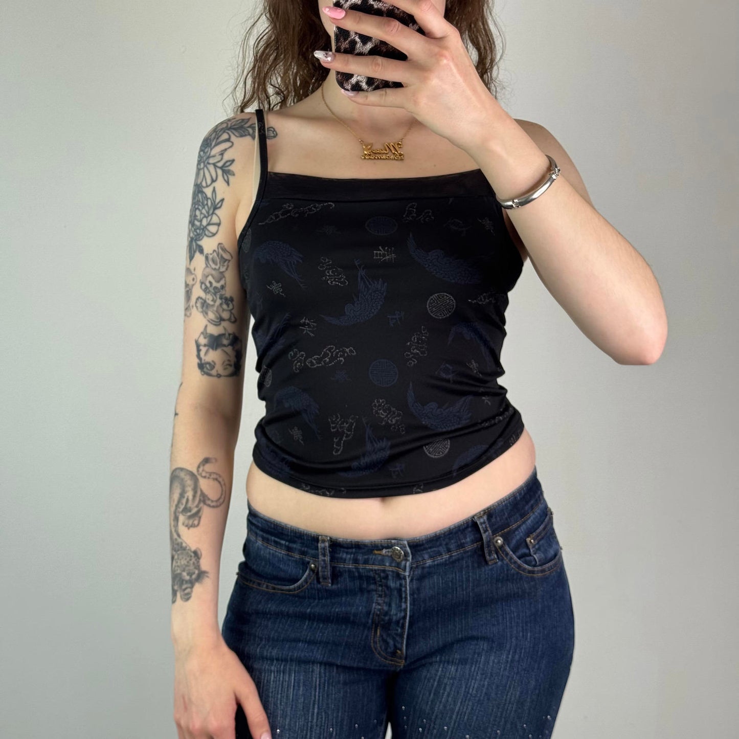 Y2K vintage Tammy mesh cami top oriental pattern square neck heron text