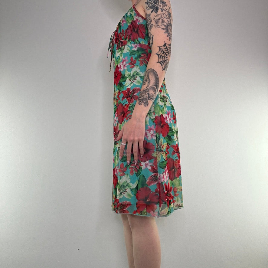 Y2K mesh floral hibiscus lily bow summer midi dress