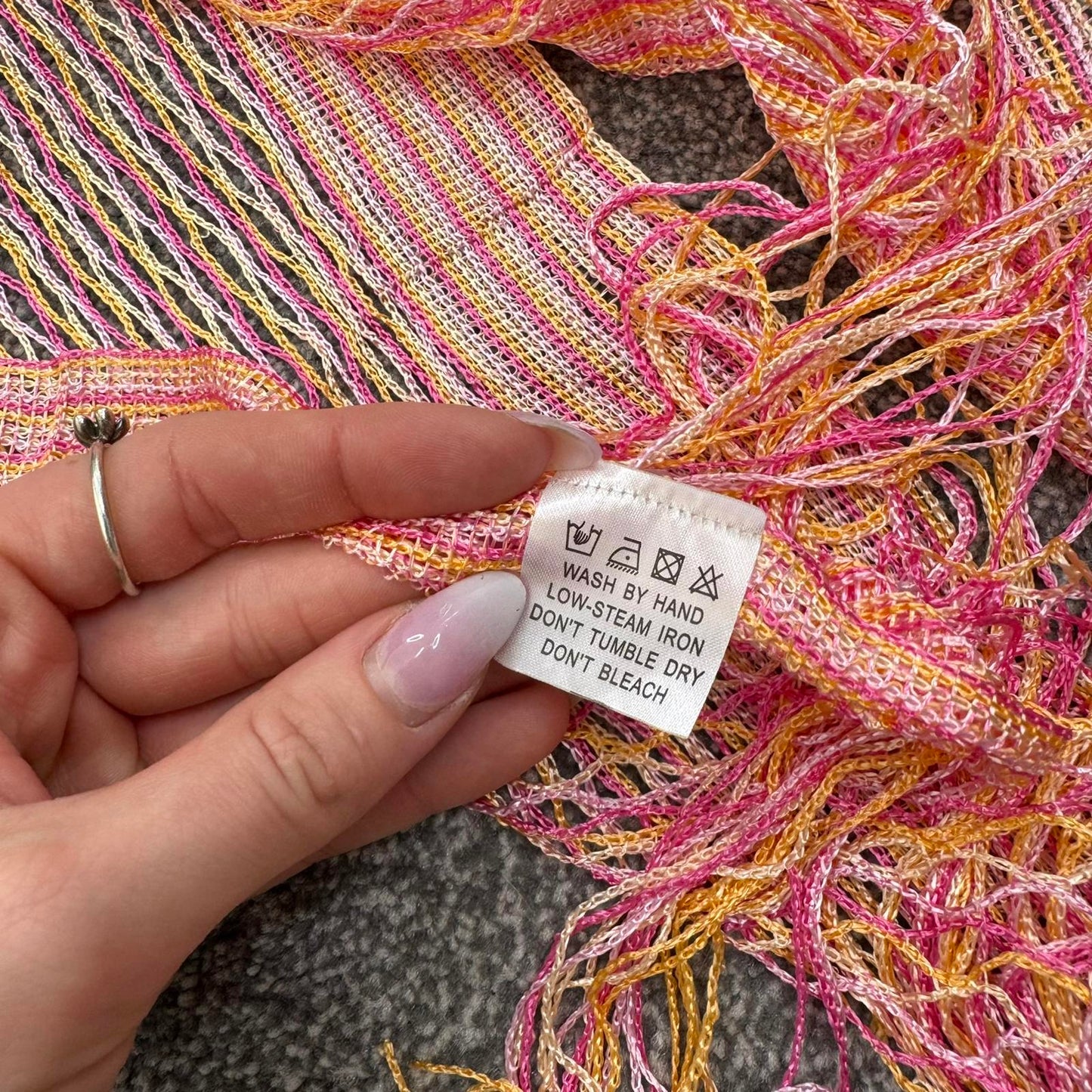 Y2K vintage sheer fine knit stripe scarf fringe orange pink lightweight
