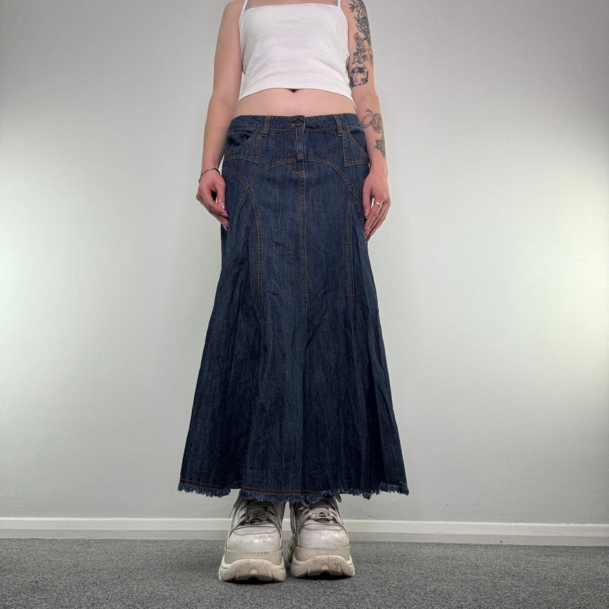 Y2K vintage western style contrast stitch maxi skirt