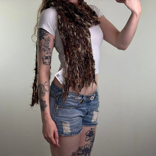 Y2K vintage Per Una wool blend scarf knit fluffy tassel brown cream orange