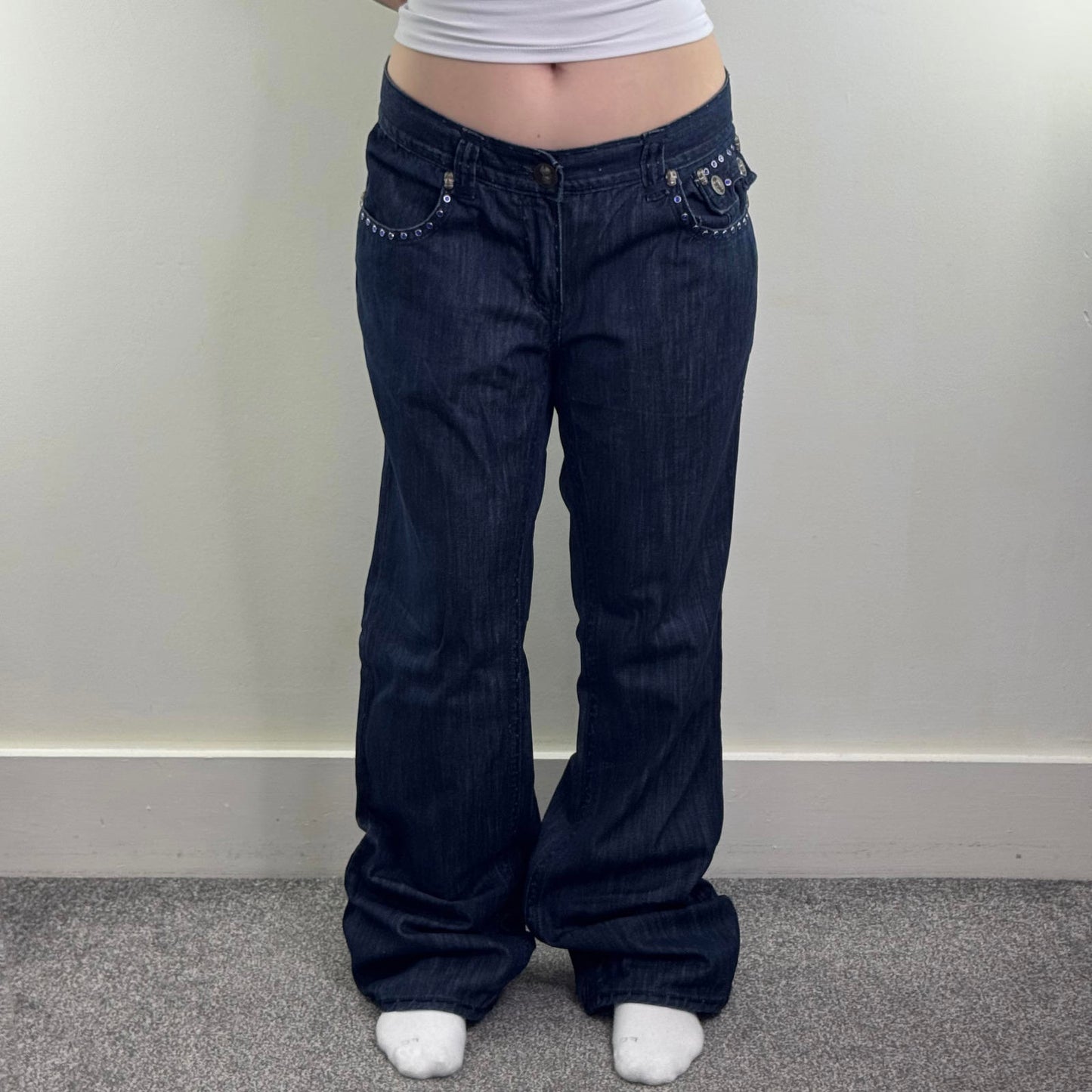 Y2K vintage Laguna Beach bootcut jeans filigree rhinestones skull dark blue