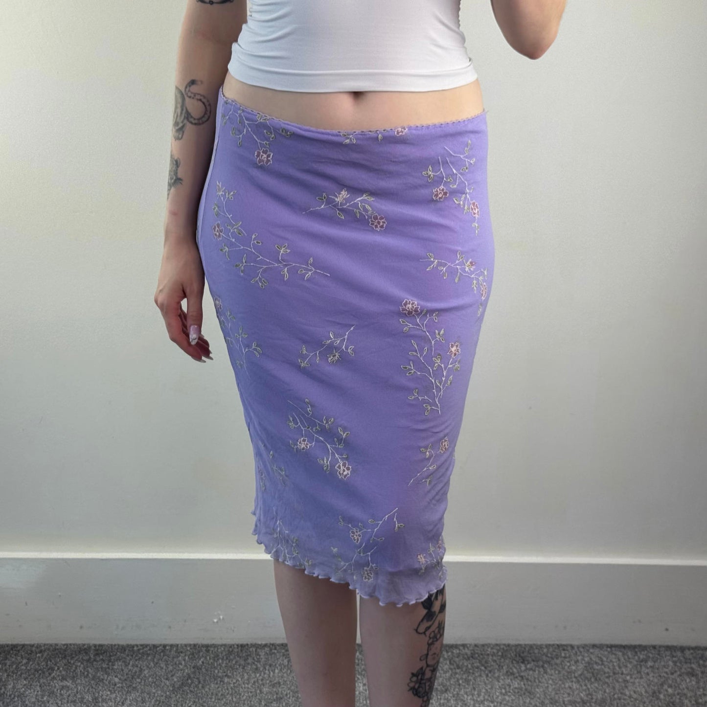 Y2K vintage lilac mesh ditsy floral midi skirt double layered lettuce hem