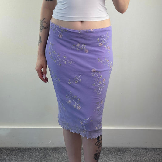 Y2K vintage lilac mesh ditsy floral midi skirt double layered lettuce hem