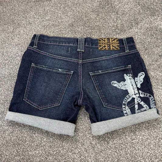 Y2K vintage low rise denim mini shorts turned up navy pink contrast stitching