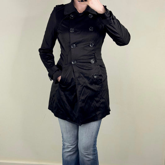 Vintage Jane Norman trench jacket short black satin button up double breasted