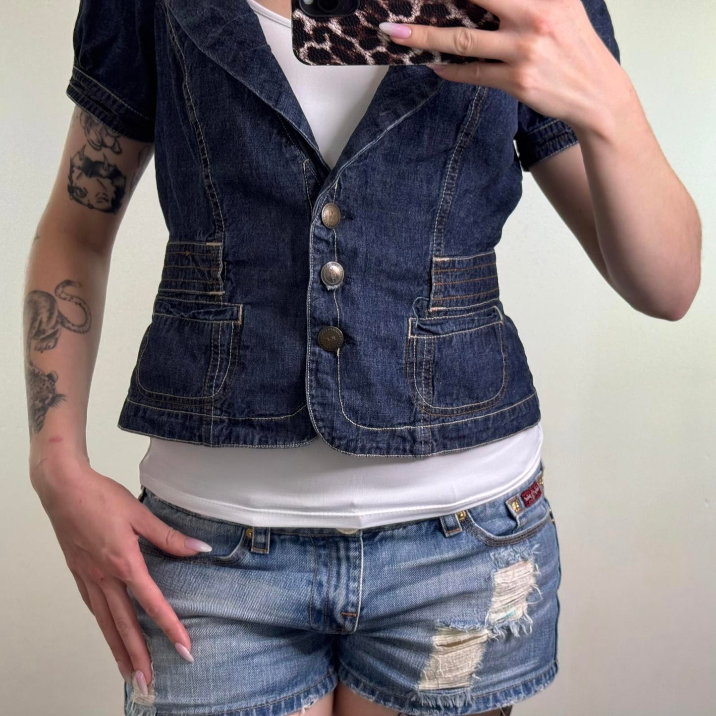 Y2K vintage denim short sleeve blazer jacket button up deep v neck