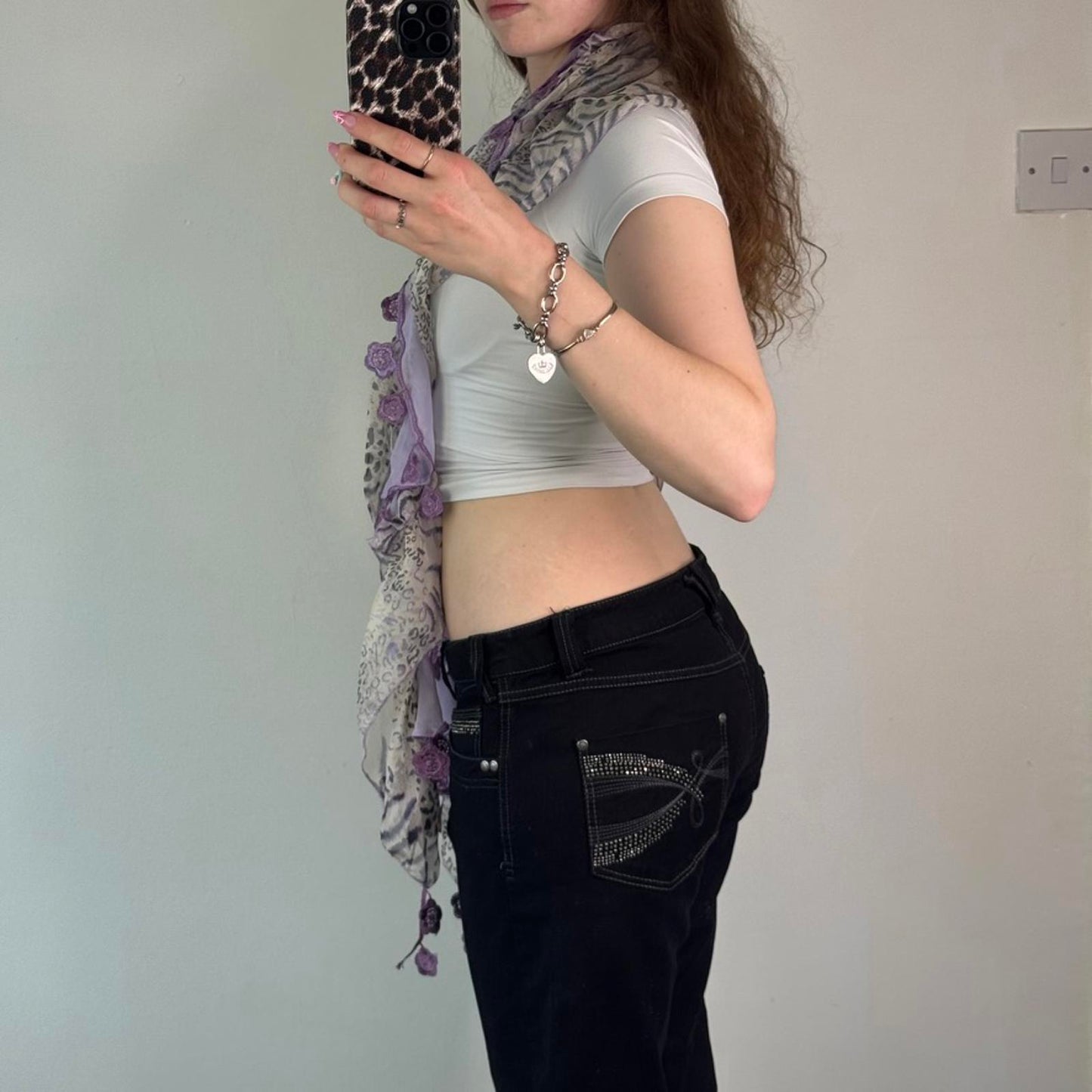 Y2K vintage leopard tiger print flower embroidery scarf lilac cream frilly