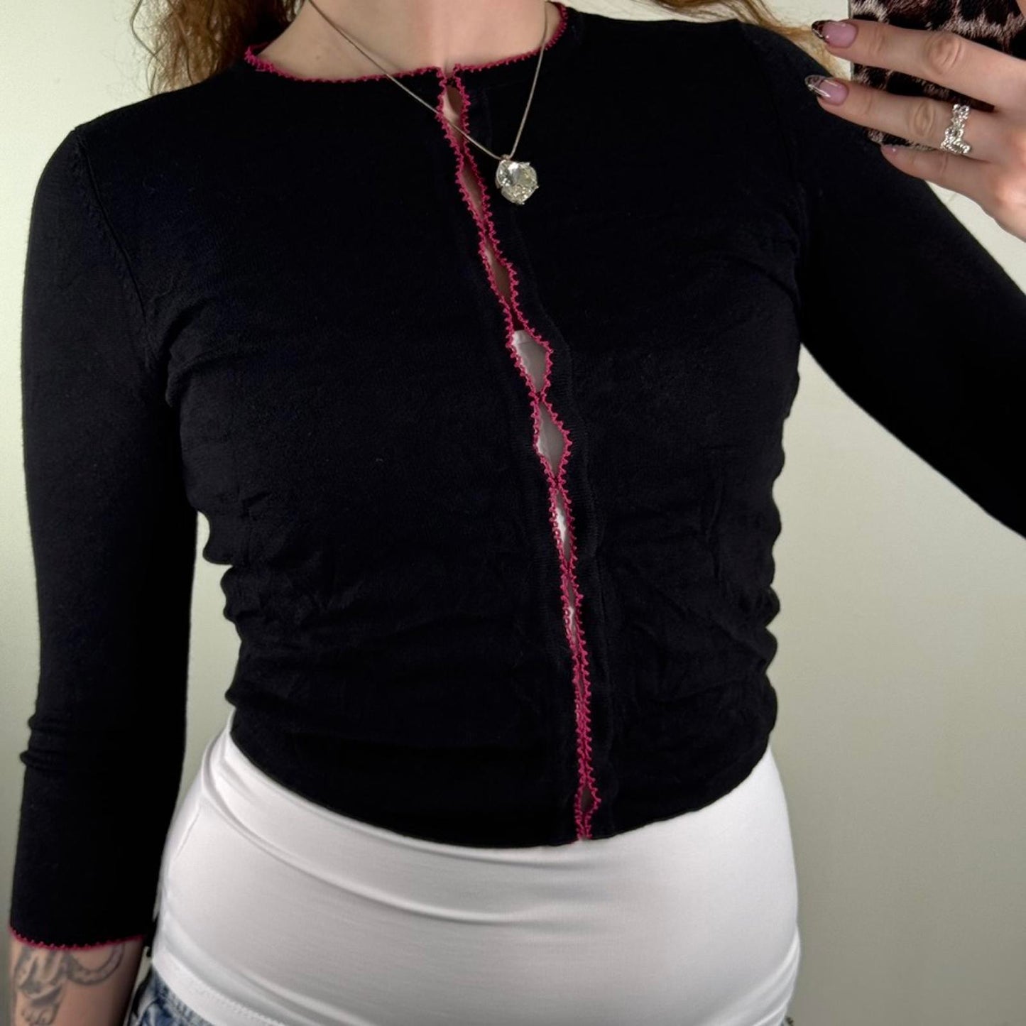 Y2K vintage cardigan 3/4 sleeve hook eye cropped high neck black pink stretchy