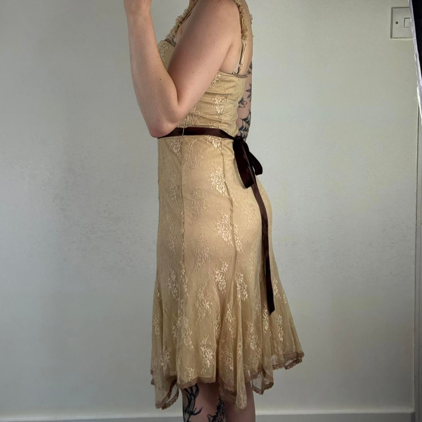 Y2K vintage coquette lace ruched midi dress adjustable bow ruffle asymmetrical