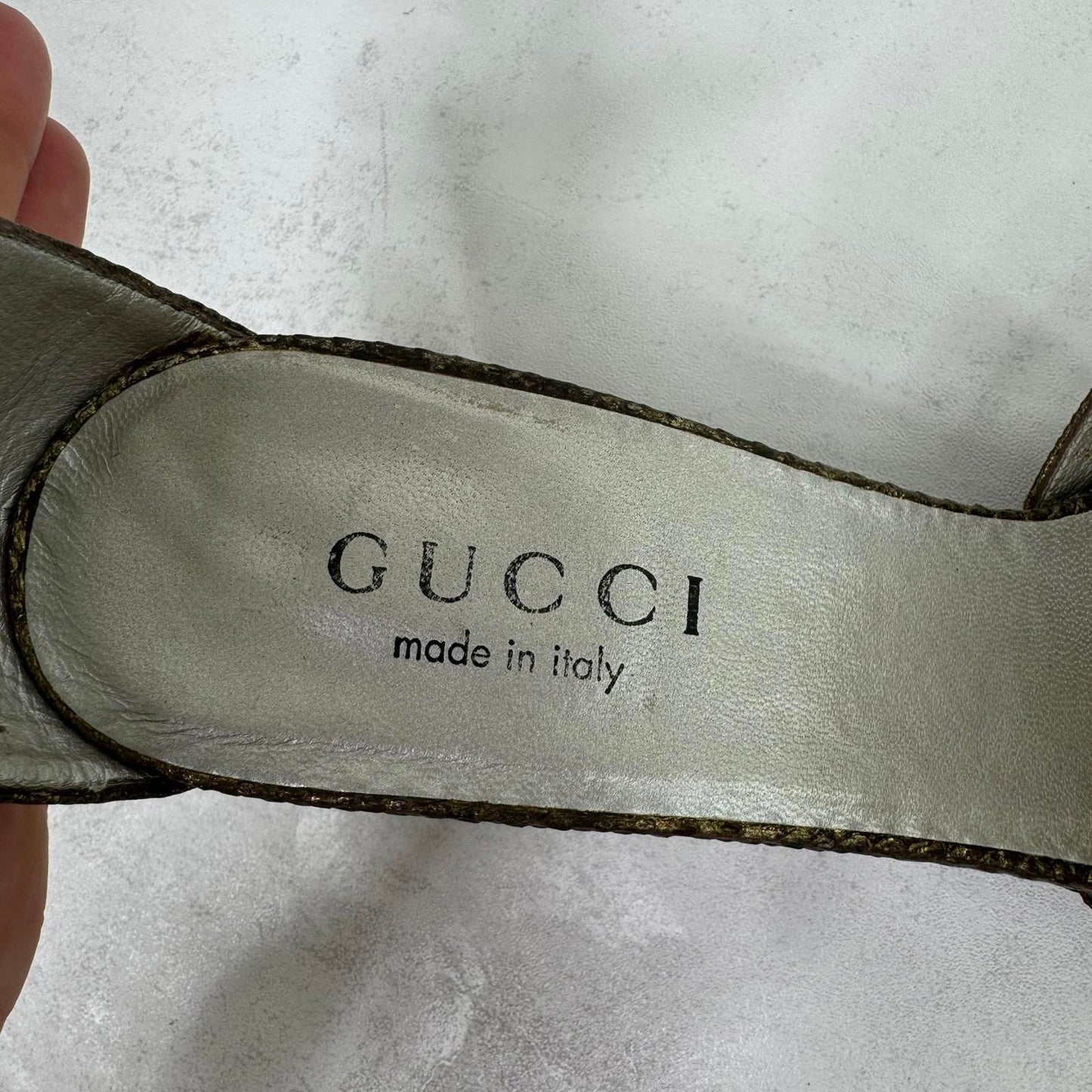 Y2K vintage Gucci by Tom Ford Gold Leather Heels with Ankle Strap Snake