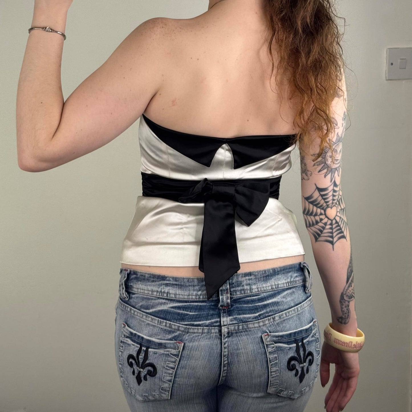Y2K vintage satin bow strapless top bustier black cream ruched coquette party