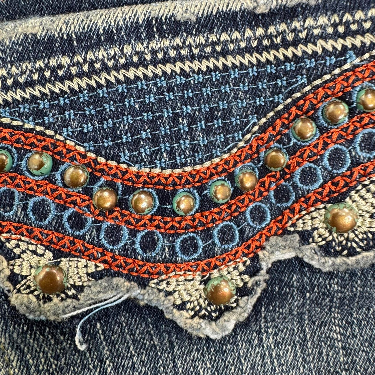 Y2K vintage mid rise stretchy denim mini skirt studded embroidered dark blue