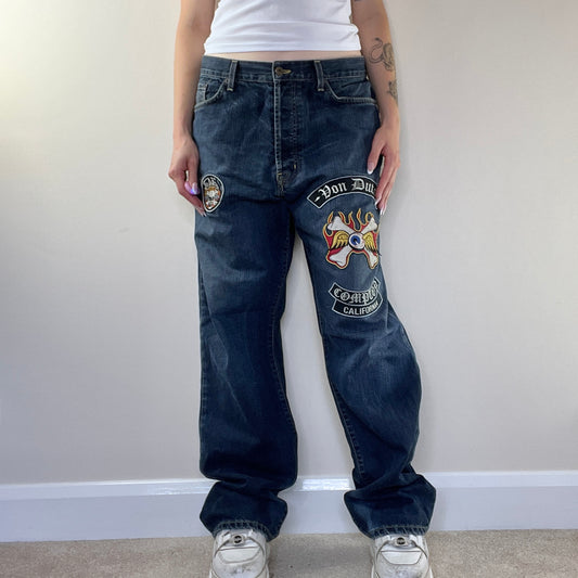 Y2K vintage Von Dutch embroidered patches denim bootcut jeans