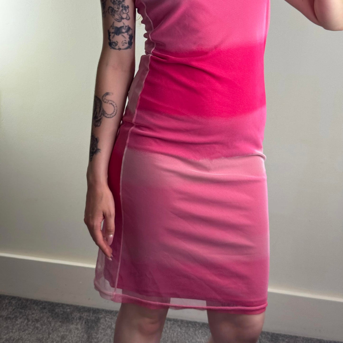 Y2K vintage ombre mesh overlay midi dress clear straps straight neck stripe pink