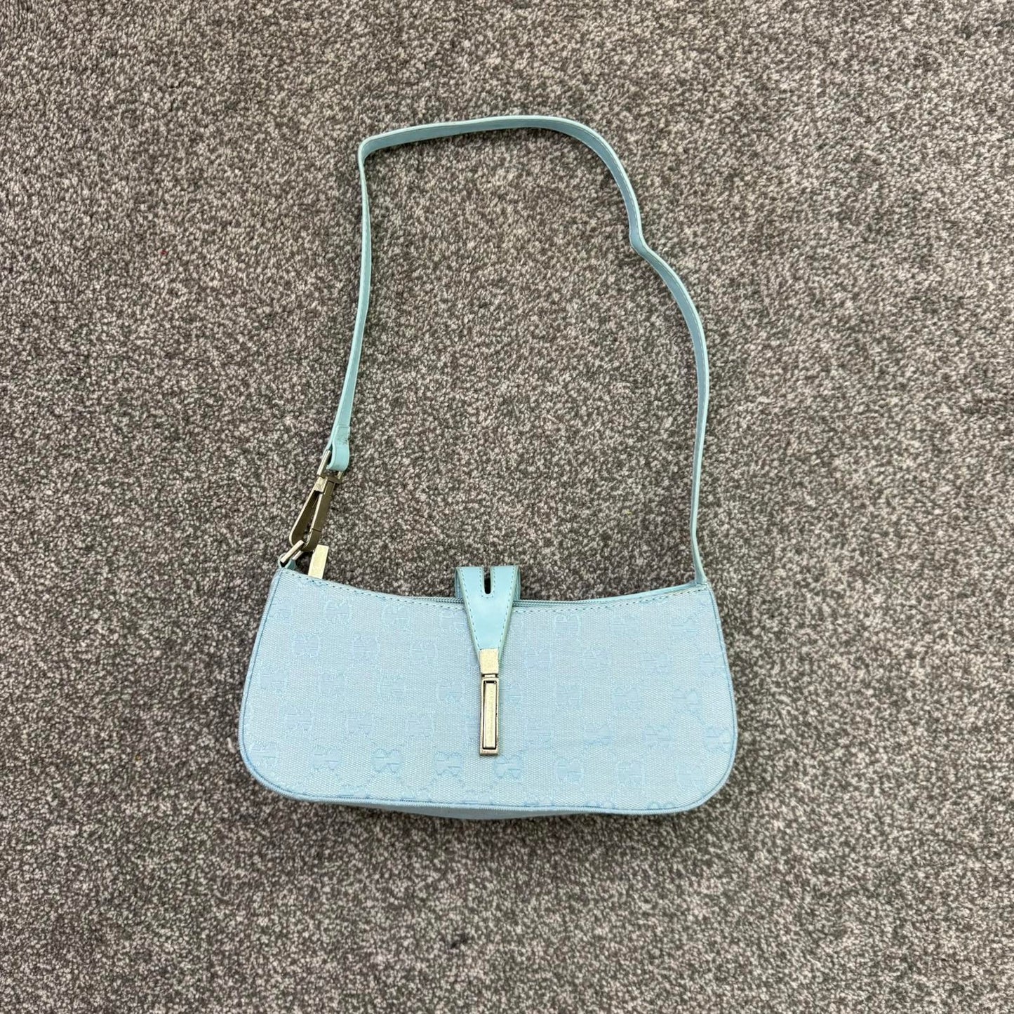 Y2K vintage canvas mini shoulder bag baby blue baguette silver