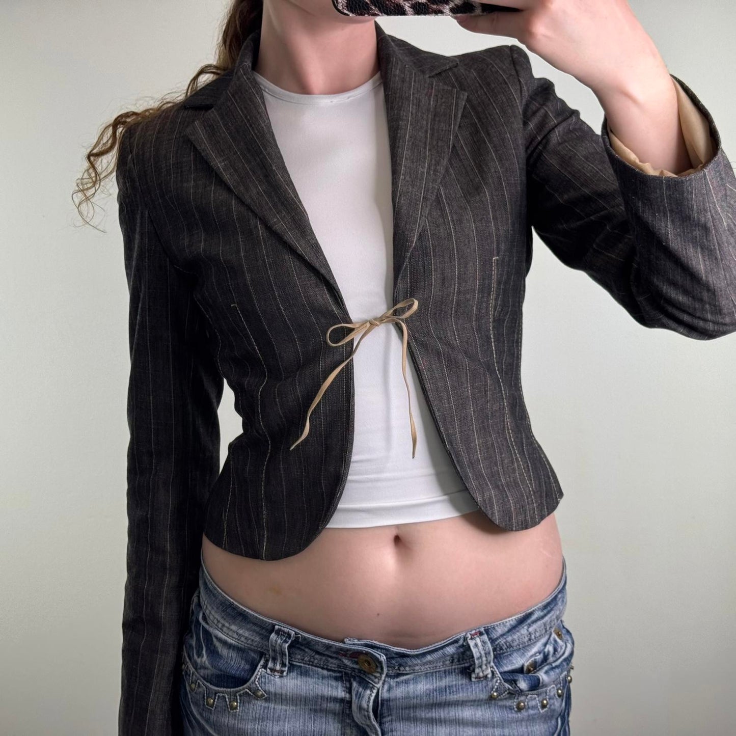 Y2K vintage pinstripe crop blazer bow open front shoulder pads tailored office